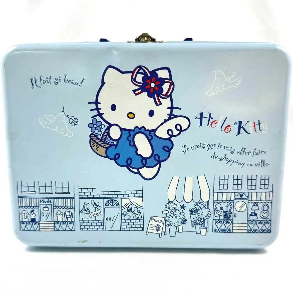 VTG 2002 Sanrio Hello Kitty Metal Lunch Box Tin French Cafe Blue Y2K Stationery